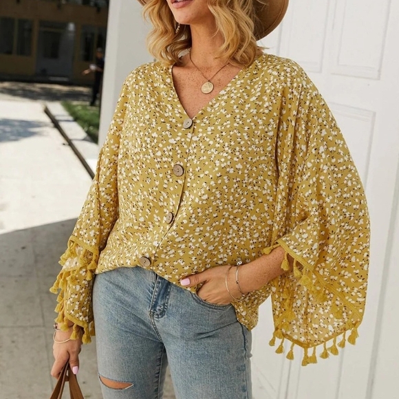 Boutique Tops - XL Cotton Blend Button Down Chic Mustard Floral Blouse with Tassel Details